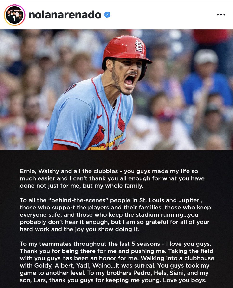 JohnDenton555's tweet image. Former #STLCards third baseman Nolan Arenado — now a member of the #Dbacks following Tuesday’s trade — with a heartfelt post on IG earlier today.