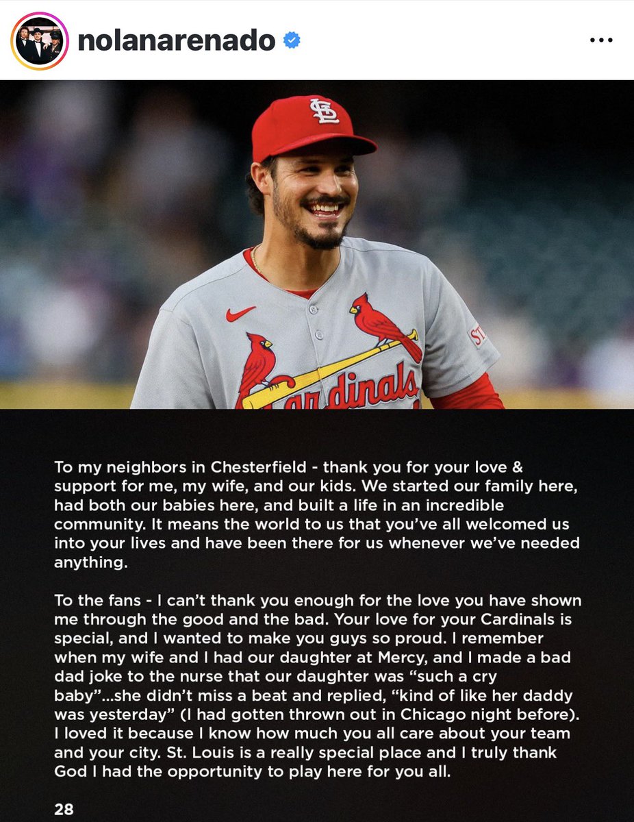JohnDenton555's tweet image. Former #STLCards third baseman Nolan Arenado — now a member of the #Dbacks following Tuesday’s trade — with a heartfelt post on IG earlier today.
