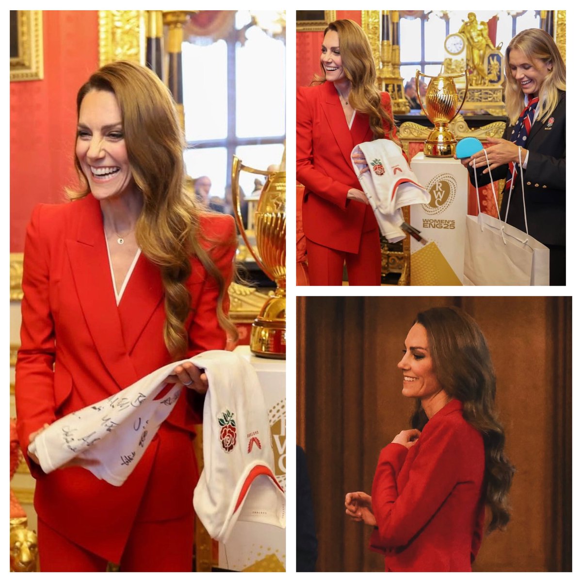 XOQueenEsther's tweet image. New photos ♥️🏉

Today, the Princess of Wales hosted a reception at Windsor Castle to honour the Women’s Rugby World Cup winners.

As Patron of the Red Roses, Catherine has been a proud supporter for years and has attended many of their matches.

She was presented with a signed