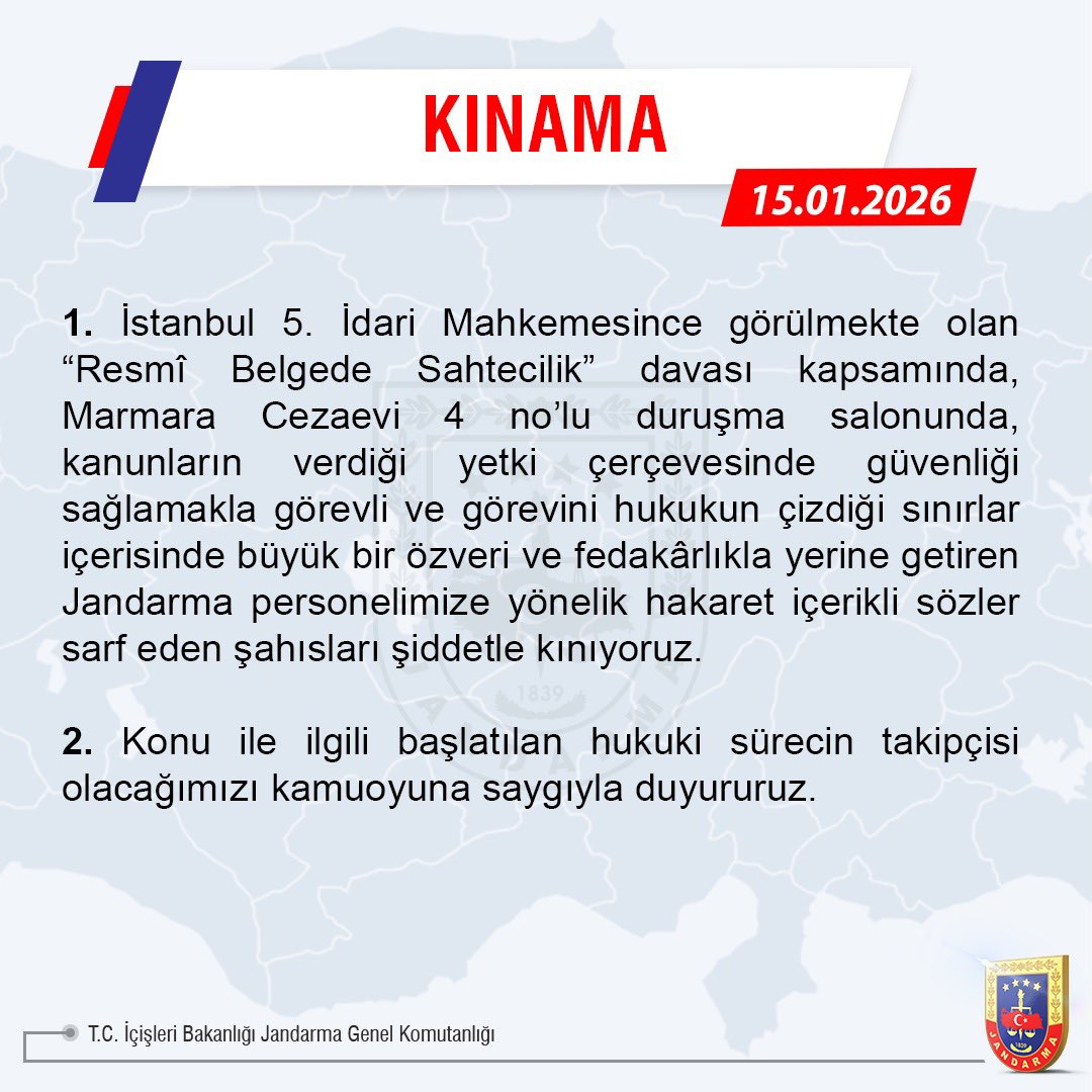 Jandarma Genel Komutanlığımızın 15 Ocak 2026 tarihli açıklamasıdır.⬇️