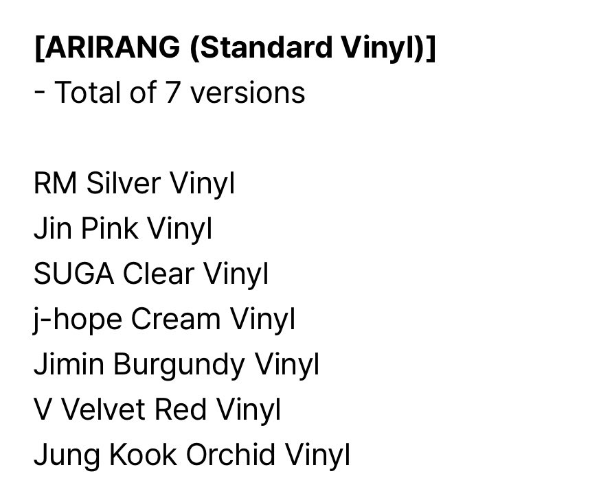 myvanillakoo's tweet image. ไวนิลทั้ง 7 คน
นัมจุน - ไวนิลสีเงิน
จิน - ไวนิลสีชมพู
ยุนกิ - ไวนิลใส
เจโฮป - ไวนิลสีครีม
จีมิน - ไวนิลสีเบอร์กันดี
วี - ไวนิลกํามะหยี่สีแดง
จองกุก - ไวนิลกล้วยไม้

แต่ละสีคือโคตรจะเป็นเอกลักษณ์ของแต่ละคนเลย วางเรียงกันคงสวยน่าดู