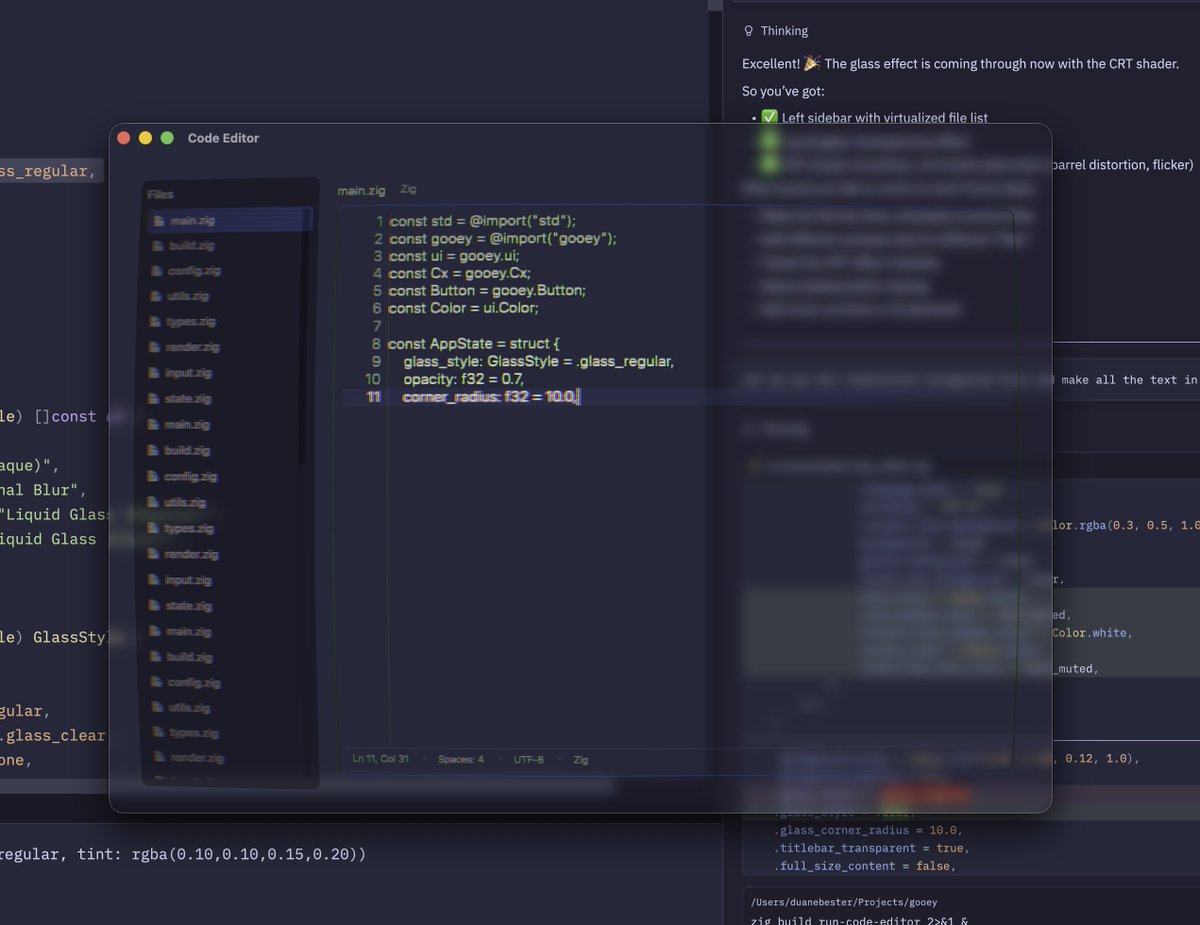 Step 1: Code up a GPU powered UI lib in <a href="/ziglang/">Zig</a> 
Step 2: Bake in custom shader support
Step 3: Build a rough code editor in new UI lib
Step 4: Code like it's the 80's

Gooey is starting to become more usable!
github.com/duanebester/go…