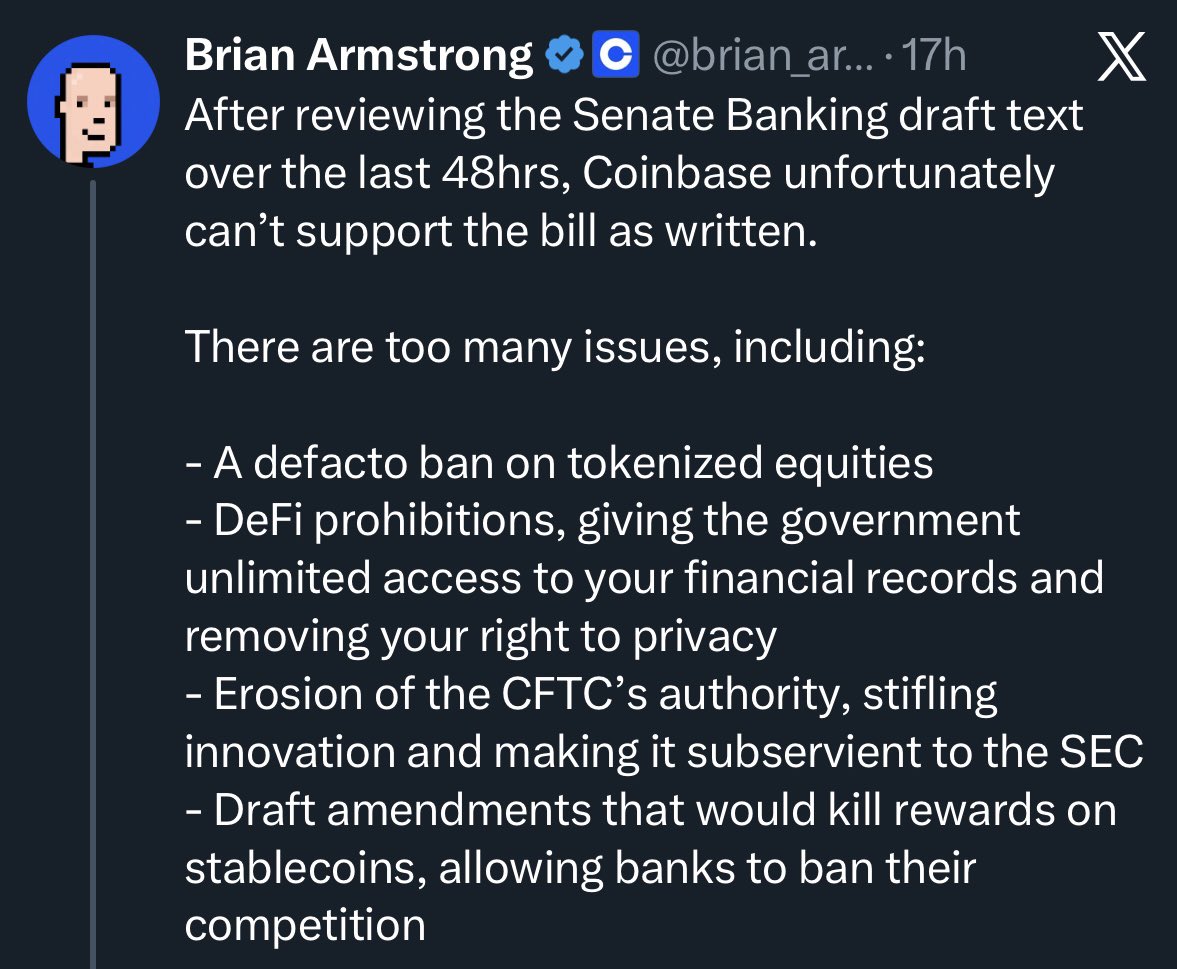meleemarkets's tweet image. BREAKING: Coinbase just derailed the biggest US crypto bill in years

Why?

Because at a high level the bill actually weakens crypto while shielding banks from competition.

“No bill is better than a bad bill”