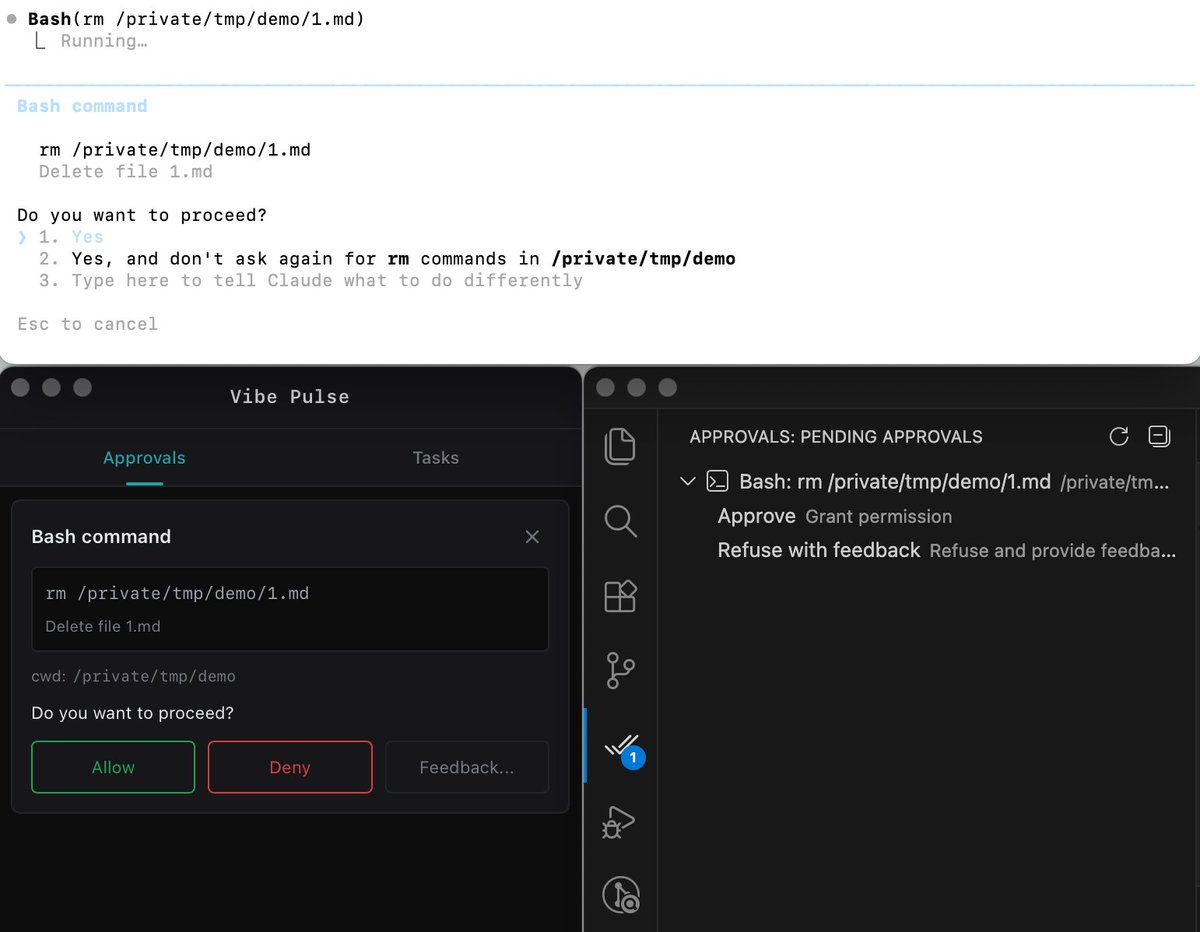 vs code 里上架了 agent pass 插件
可以在副屏和 IDE 里回答 terminal 里的 CC了