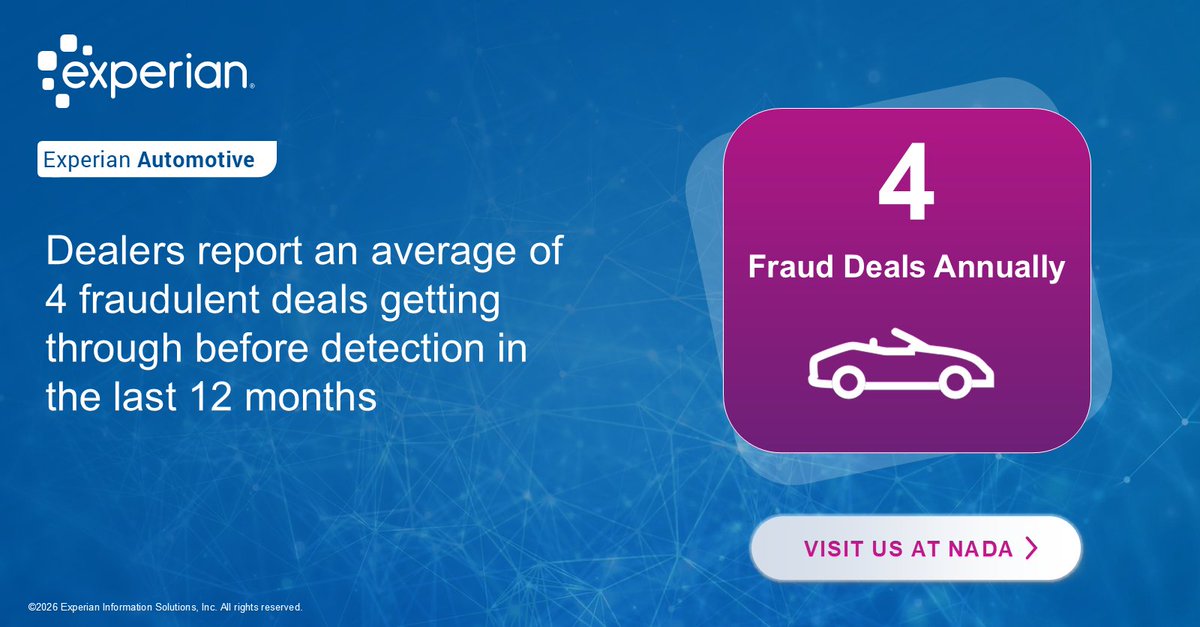 Fraud is quietly draining dealer profits.
9 in 10 dealers are worried, 70% say fraud is rising, and multiple bad deals still get through every year.
We’re breaking it down — and showing what works — at #NADA2026.
Stop by Experian booth 4613W.
#ExperianAutomotive #FraudPrevention