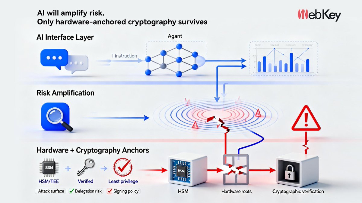 WebKey_'s tweet image. AI will become a dominant interface layer.

That doesn’t reduce risk —
it amplifies it.

Security that isn’t anchored in hardware and cryptography
won’t survive AI-driven interaction models.

#AI #Security