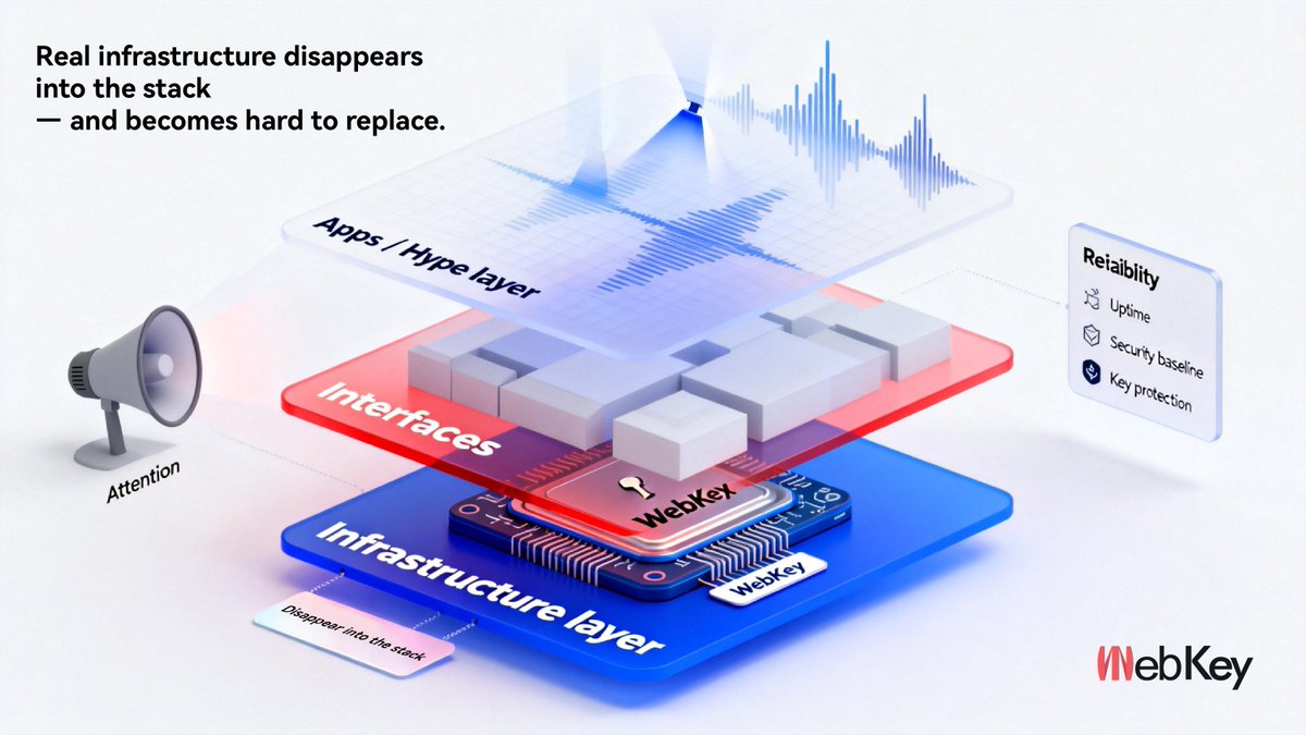 WebKey_'s tweet image. WebKey isn’t trying to win attention.

It’s trying to disappear into the stack —
where real infrastructure lives.

Those systems are rarely loud.
They’re just hard to replace.

#Web3Infrastructure #LongTermThinking