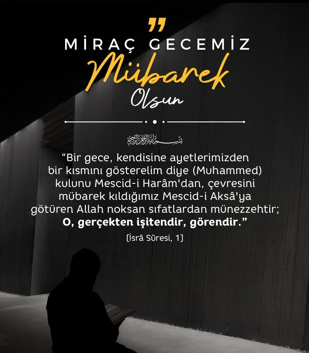 Tevbelerimizi yarım bırakma Allah’ım, kulluğumuzu rızan üzere daim kıl.
Efendimizin miracını kalplerimize istikamet, namazını hayatımıza bereket eyle.
Miracımız kutlu, kandilimiz mübarek olsun. 
#MiracKandilimizMuebarekOlsun 
#mirackandili 
#Miraç