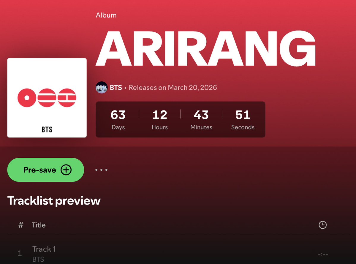 charts_k's tweet image. .@BTS_twt's new album "ARIRANG" is available to pre-save on Spotify!

open.spotify.com/prerelease/1Dc…
