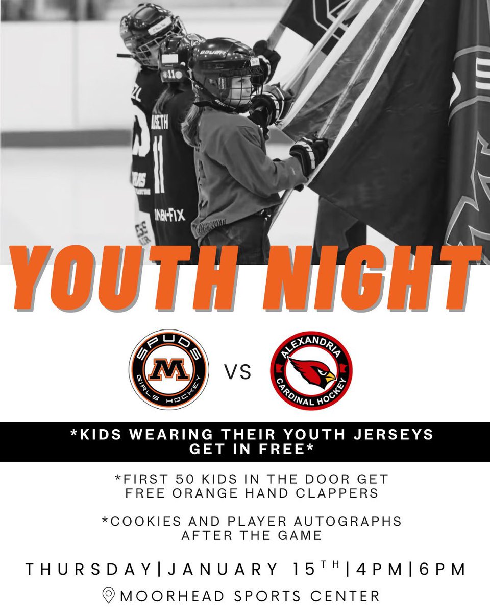 🎉ITS YOUTH NIGHT!🎉

🏒 All youth wearing their jersey get in free!

🥅 First 50 kids in the door will get a free orange hand clapper to cheer on the girls

🍪 Cookies and player autographs after the Varsity game!