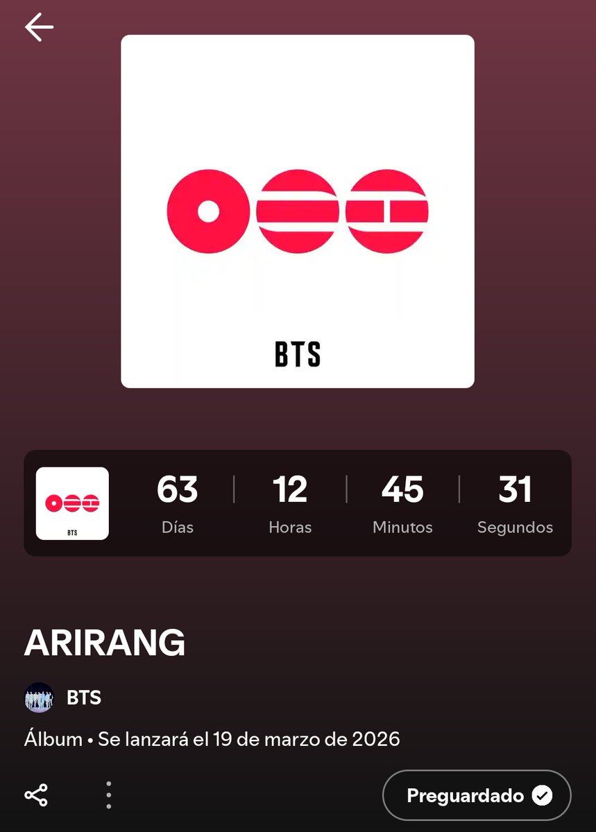 pjmIesviu's tweet image. 🚨 MORADAS DIFUNDAN AL MAXIMO! OFICIALMENTE comenzo el pre guardado del nuevo album de BTS ARIRANG, es importante que todos vayan a preguardar YA! VAMOS POR LOS RECORDS! 🔥

- DEJEN SUS CAPTURAS 👇
🖇️:open.spotify.com/prerelease/1Dc…

ARIRANG IS COMING
BTS IS COMING
#BTSComeback2026
