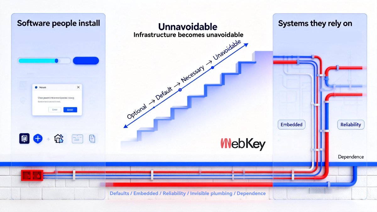 WebKey_'s tweet image. Infrastructure doesn’t ask for permission to exist.
It becomes unavoidable.

That’s the difference between software people install
and systems they quietly rely on.

#Infrastructure #Web3