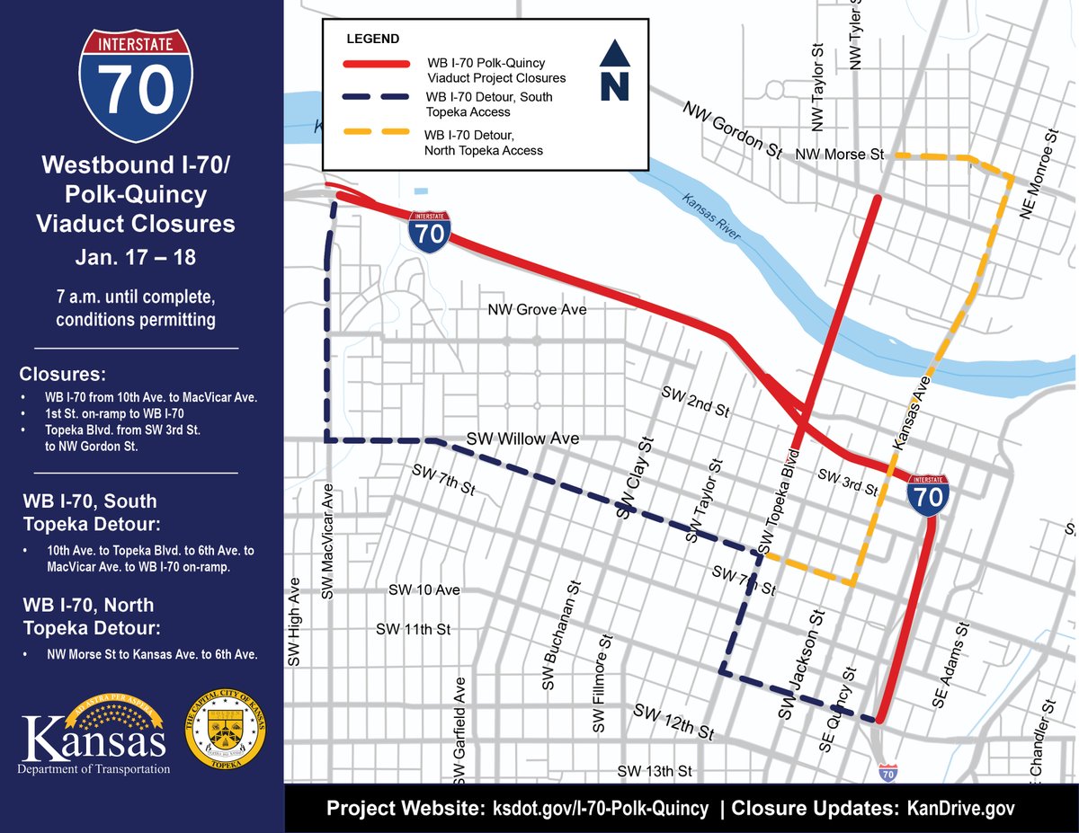 TopekaMetroKDOT's tweet photo. ⛔️WEEKEND CLOSURES in Topeka:
🗓️SAT., 1/17, at 7am - Sun., conditions permitting.
📍WESTBOUND I-70, 10th Ave-MacVicar Ave
📍1st St. on-ramp to WB I-70
📍Topeka Blvd., 3rd St.-Gordon St.
▶️INFO: https://t.co/25b9RxYRCE
⚠️PLEASE PLAN AHEAD!
✅https://t.co/SH2gzrUoI6 for updates. https://t.co/tNhrL9UvK7