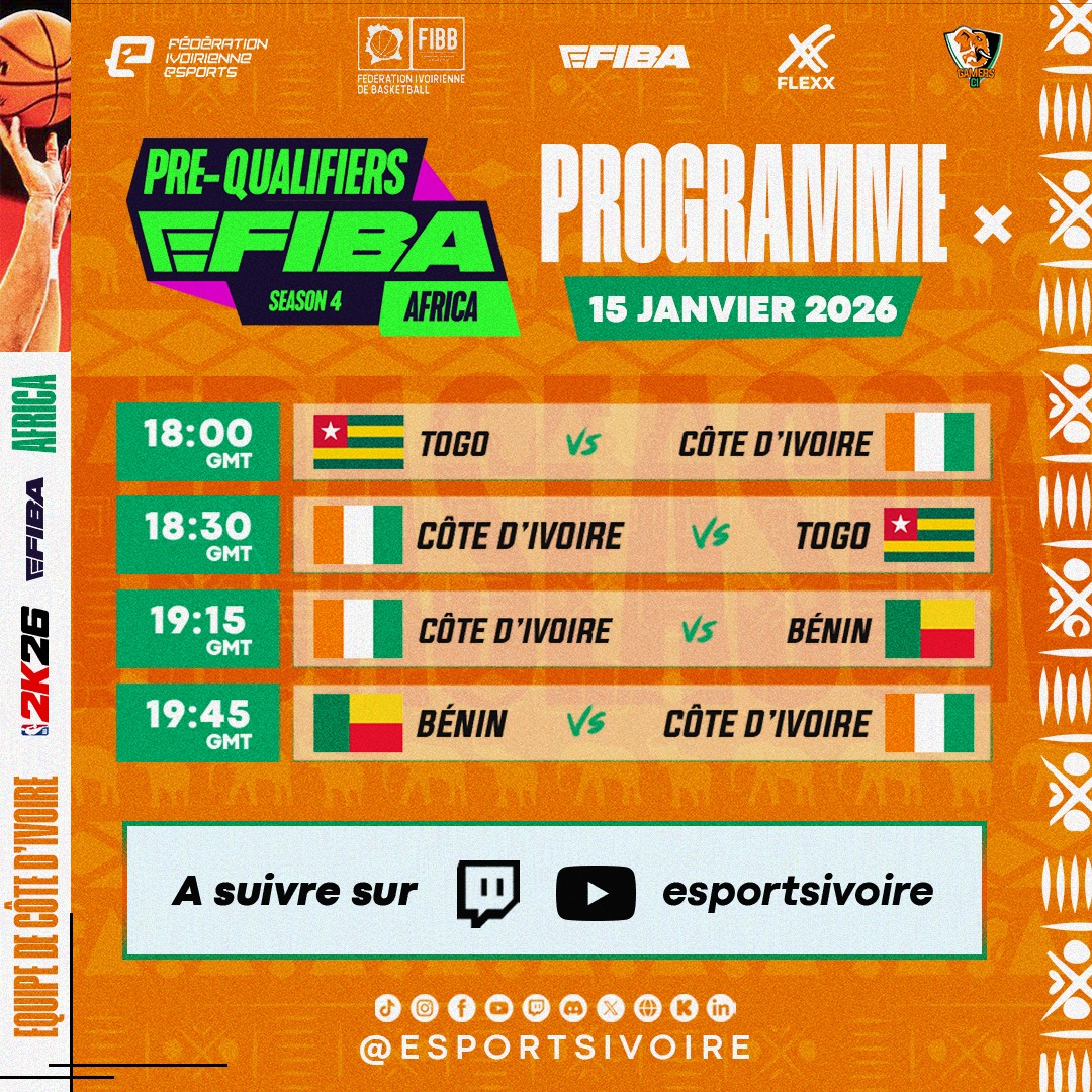 EsportsIvoire's tweet photo. 📢🏀🎮: @eFIBA_official saison 4 🔥 JOUR 2
CIV 🇨🇮 vs TOGO 🇹🇬
vs BENIN 🇧🇯
vs MAROC 🇲🇦
vs TUNISIE 🇹🇳
📅jeudi 15 janv.
🕕18h GMT
📺 https://t.co/dFXvAqw5nf
📺https://t.co/5LOdtLL6pX
@fibb_ci @mscvci @cnociv @Flexx_Africa @gamersci_
#eFIBAS4 #NBA2K26 #Africa #esports #basket https://t.co/SkfBvvzFMa