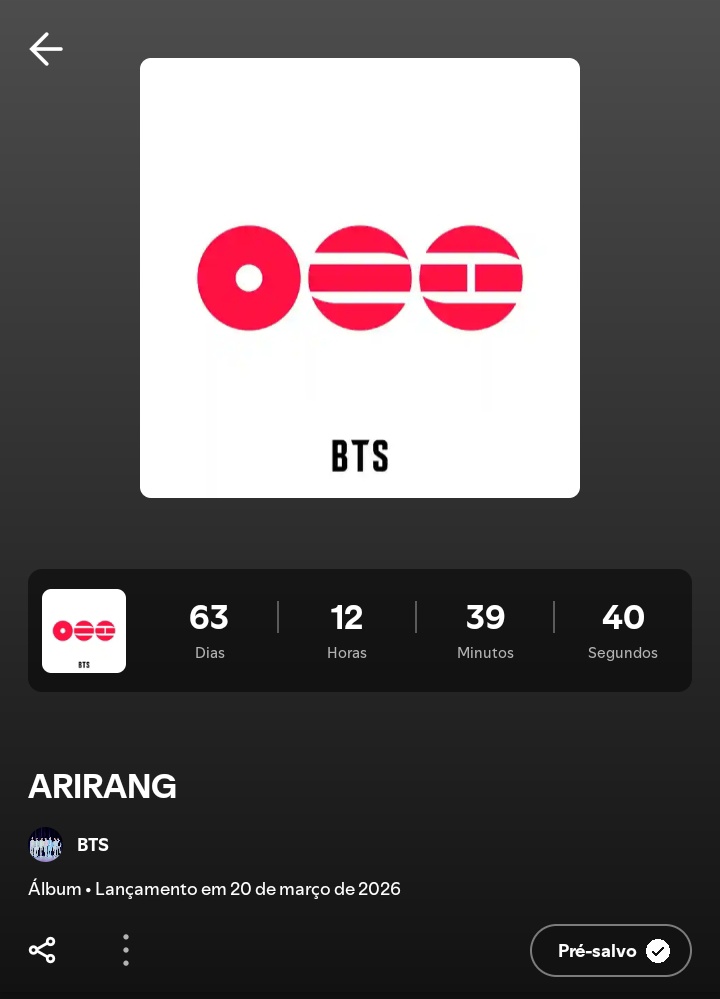 [ ⊙⊝⊜ ]

PRÉ-SAVE DE 'ARIRANG' JÁ ESTÁ DISPONÍVEL NO SPOTIFY!

🔗open.spotify.com/prerelease/1Dc…

ARIRANG IS COMING 
BTS ARIRANG IS COMING 
 #BTS #방탄소년단 #BTS_ARIRANG