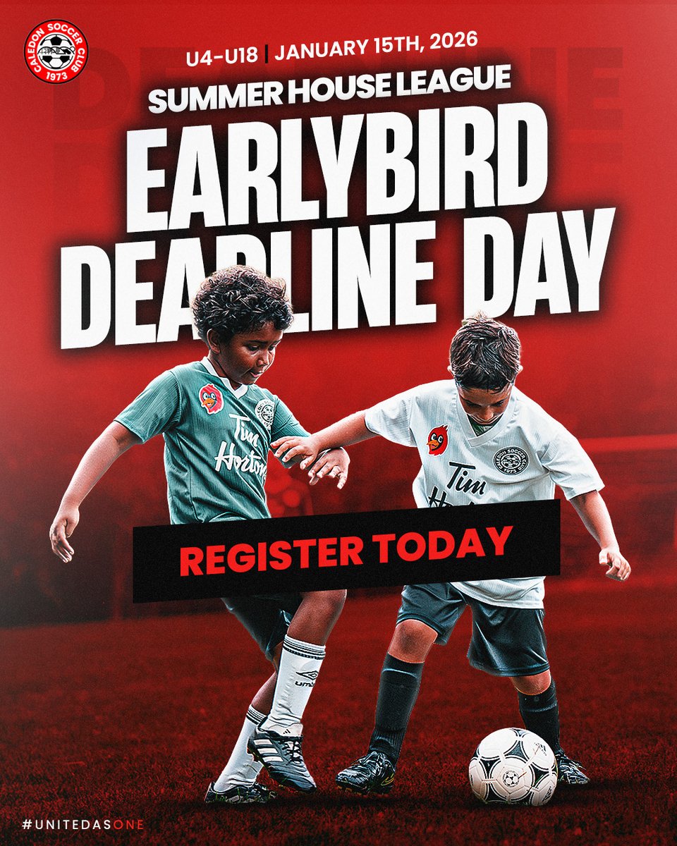 CaledonSC's tweet image. ⏰ Deadline Day is HERE! ⚽

Today is the Early Bird deadline for Summer House League registration.

Don’t miss your chance to secure your spot for the 2026 season.

Register today and join us on the pitch!

#UnitedAsOne #CaledonSoccer