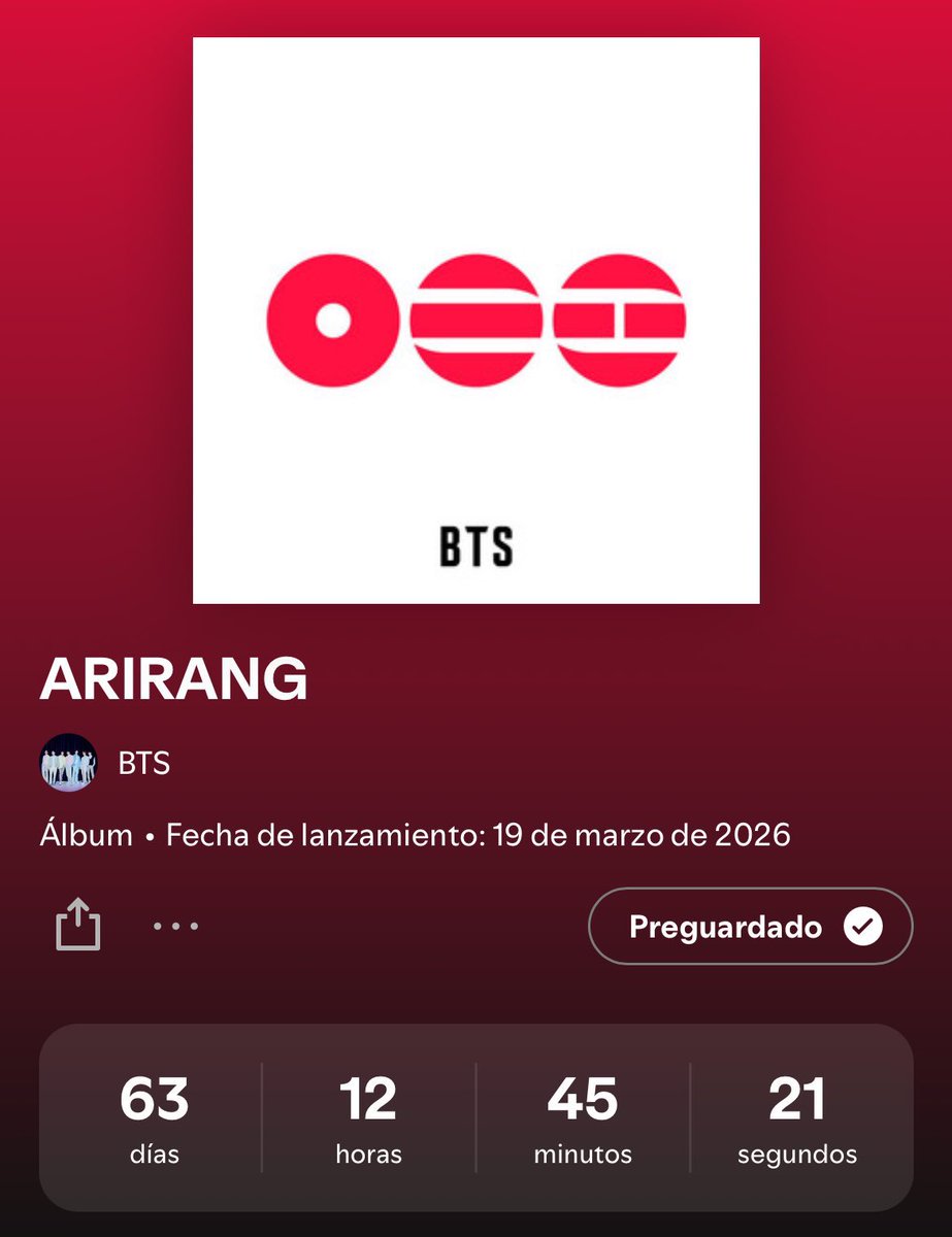 — Es hora de PRE-GUARDAR el álbum 🎀

🔗: open.spotify.com/prerelease/1Dc…

Comenten sus capturas:

RT + 🔄 

ARIRANG IS COMING
BTS IS COMING 
#BTS_ARIRANG