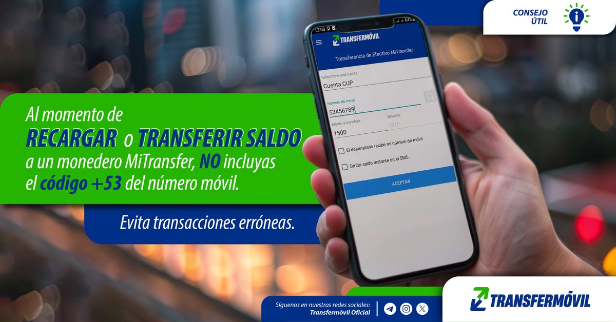 #Consejo_Útil ‼️
Al momento de recargar o transferir saldo al monedero MiTransfer, NO incluyas el código +53 del número móvil. 

El campo de texto donde se solicita el número admite 8️⃣ caracteres, por tanto, quedarían suprimidos los últimos dígitos del mismo.