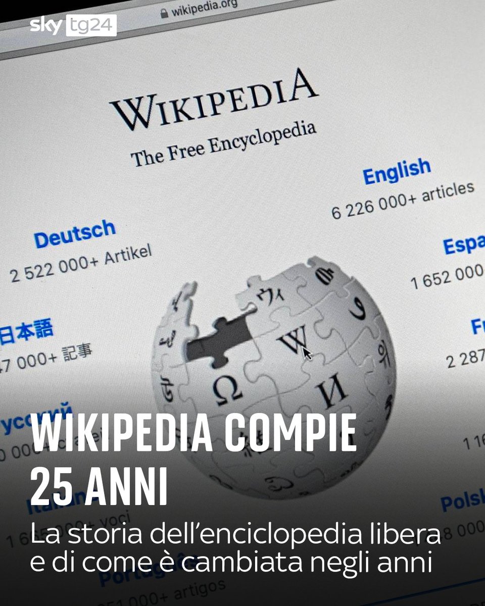 SkyTG24's tweet image. Nata il #15gennaio 2001 da un'idea di Jimmy Wales e Larry Sanger, l'enciclopedia libera online nacque con l'obiettivo di “celebrare la collaborazione umana al suo meglio". Divenuta negli anni uno strumento di consultazione quotidiano in diversi settori, #Wikipedia è aperta al