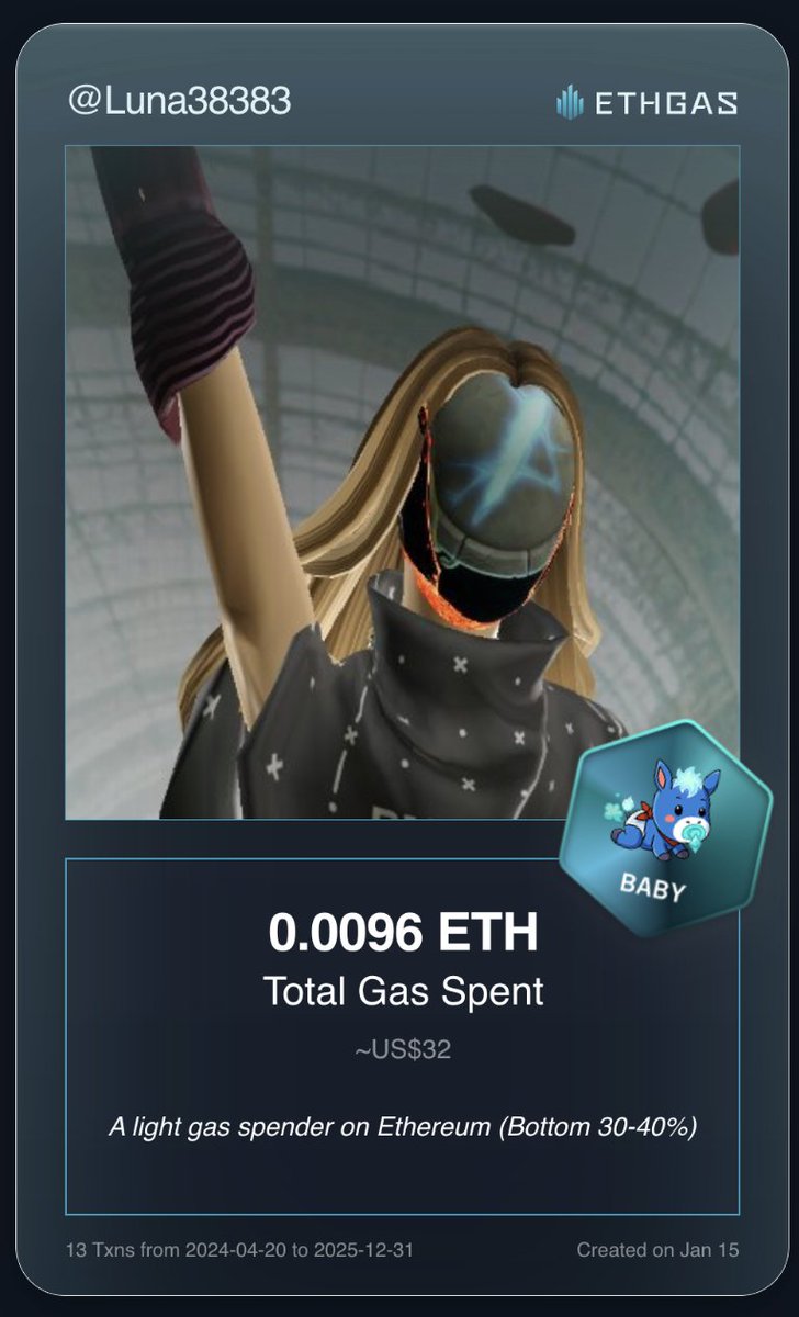 Leveled up in the Great Gas Reckoning with ETHGas! 💪

Baby Jack status: 0.0096 ETH gas spent, 2 Beans earned—supporting the Gasless Future!

Claim your Gas ID at ethgas.com/community/gas-…