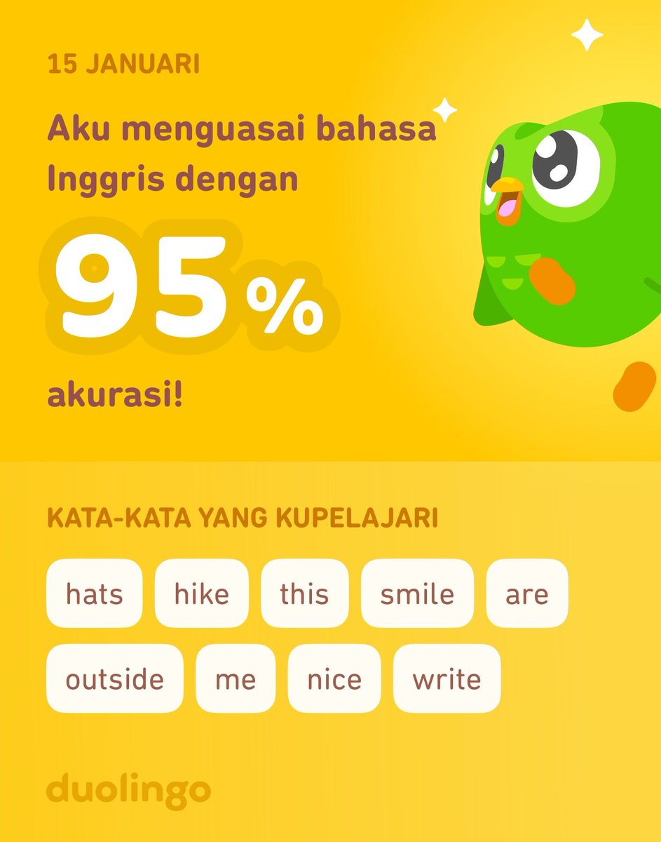 kake_karon's tweet photo. Aku sedang belajar bahasa Inggris di Duolingo! Seru, efektif, dan gratis! https://t.co/uHcZHllxTJ