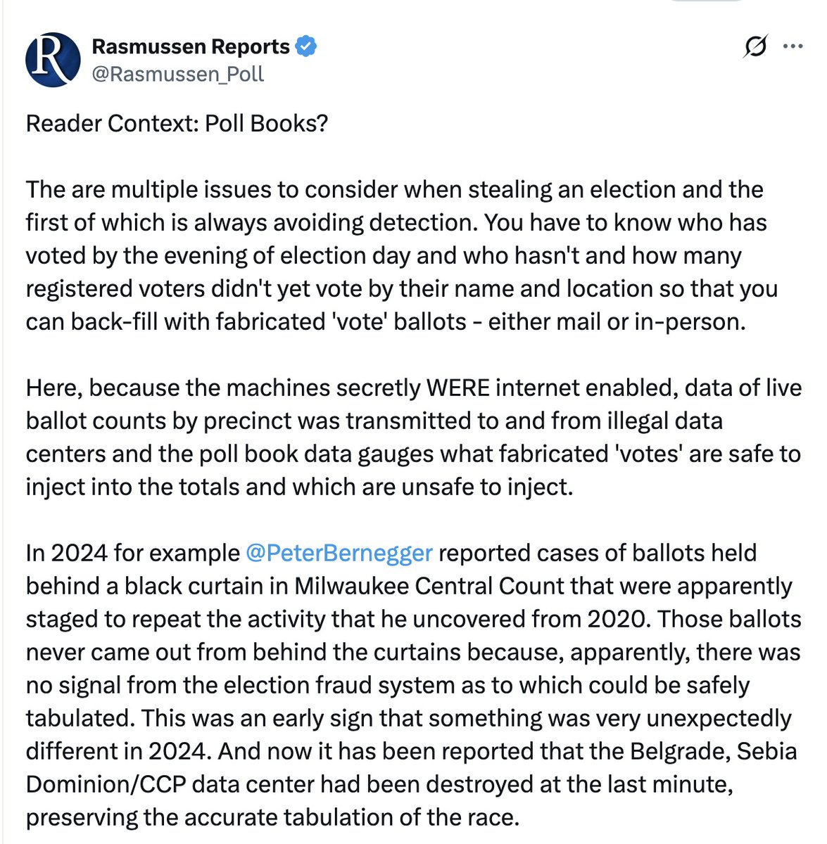 Rasmussen_Poll's tweet image. Michigan: "The state’s own elections director told clerks to delete poll books in 7 days … then had to admit under cross‑examination that his “guidance” was unlawful."

Remember what we wrote about poll books?

x.com/Rasmussen_Poll…