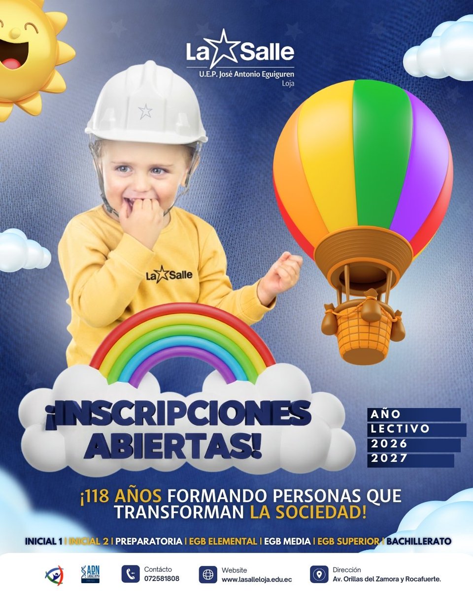 118 años formando líderes con propósito en Loja.
Nuestra trayectoria es la garantía de un futuro sólido para tus hijos.
Más información sobre procesos y costos en:
 lasalleloja.edu.ec