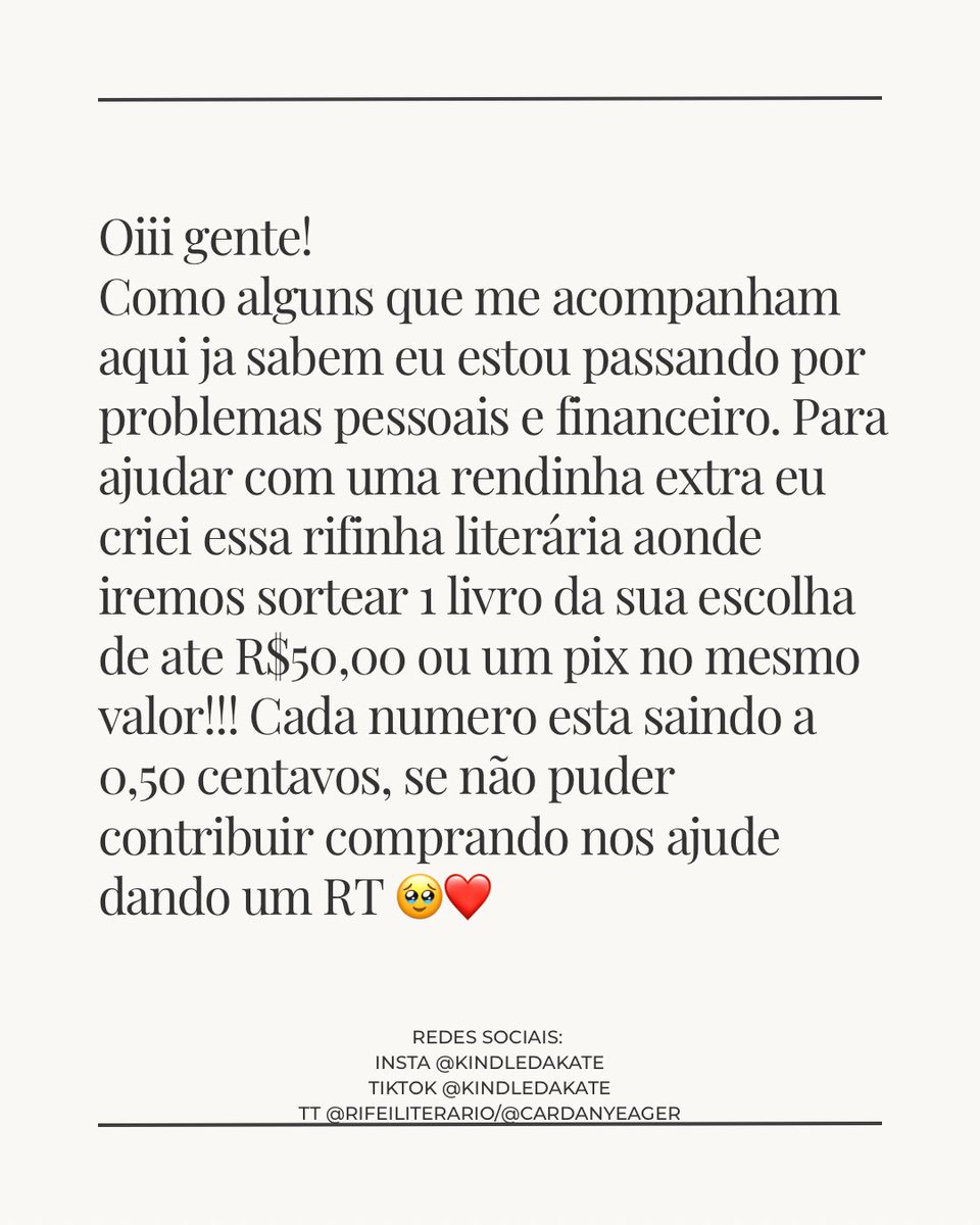 cardanyeager's tweet image. ✨ Rifa por R$0,50 valendo 01 livro de ate R$50,00 ou um pix no valor do mesmo ✨

rifapersonalizada.com.br/rifa-literaria…

Obs: o sorteio vai acontecer assim que sairem todos os números, obrigada a todos 🥹🫶