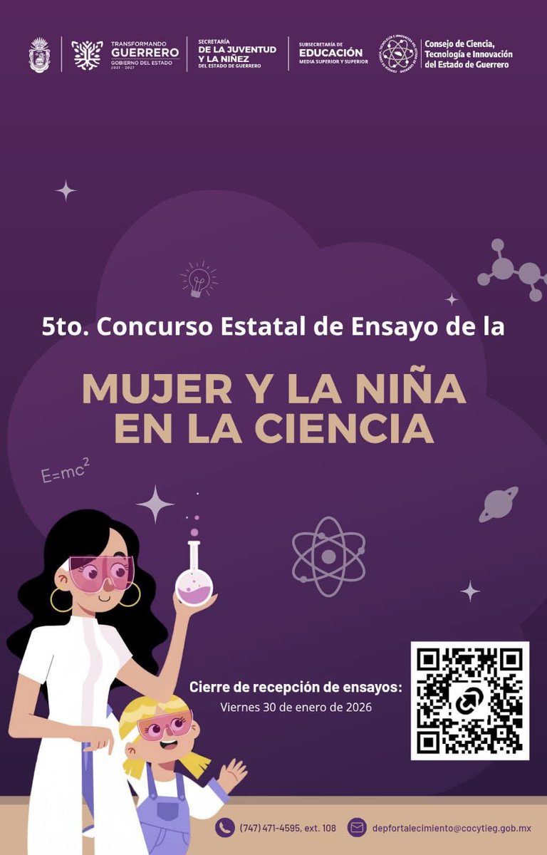 Creemos en el talento, la creatividad y la voz de las niñas y mujeres.💜👩🏻 Este es el momento de escribir, reflexionar y ser parte del 5to. Concurso Estatal de Ensayo “Mujer y la Niña en la Ciencia”.

📝 Recepción de ensayos hasta el 30 de enero de 2026. ¡Las invito a participar!