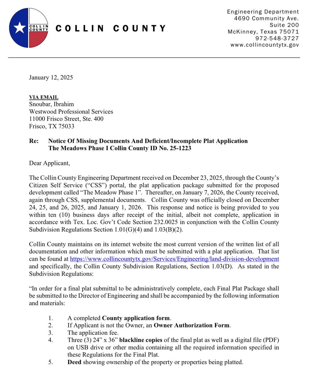 BREAKING… Collin County REJECTS plat for THE MEADOW aka EPIC City.

Developers of the Islamic community can still submit missing documents.

“I will not support any development project that is founded upon discrimination or is otherwise unlawful in any regard.” <a href="/JudgeChrisHill/">Chris Hill</a>