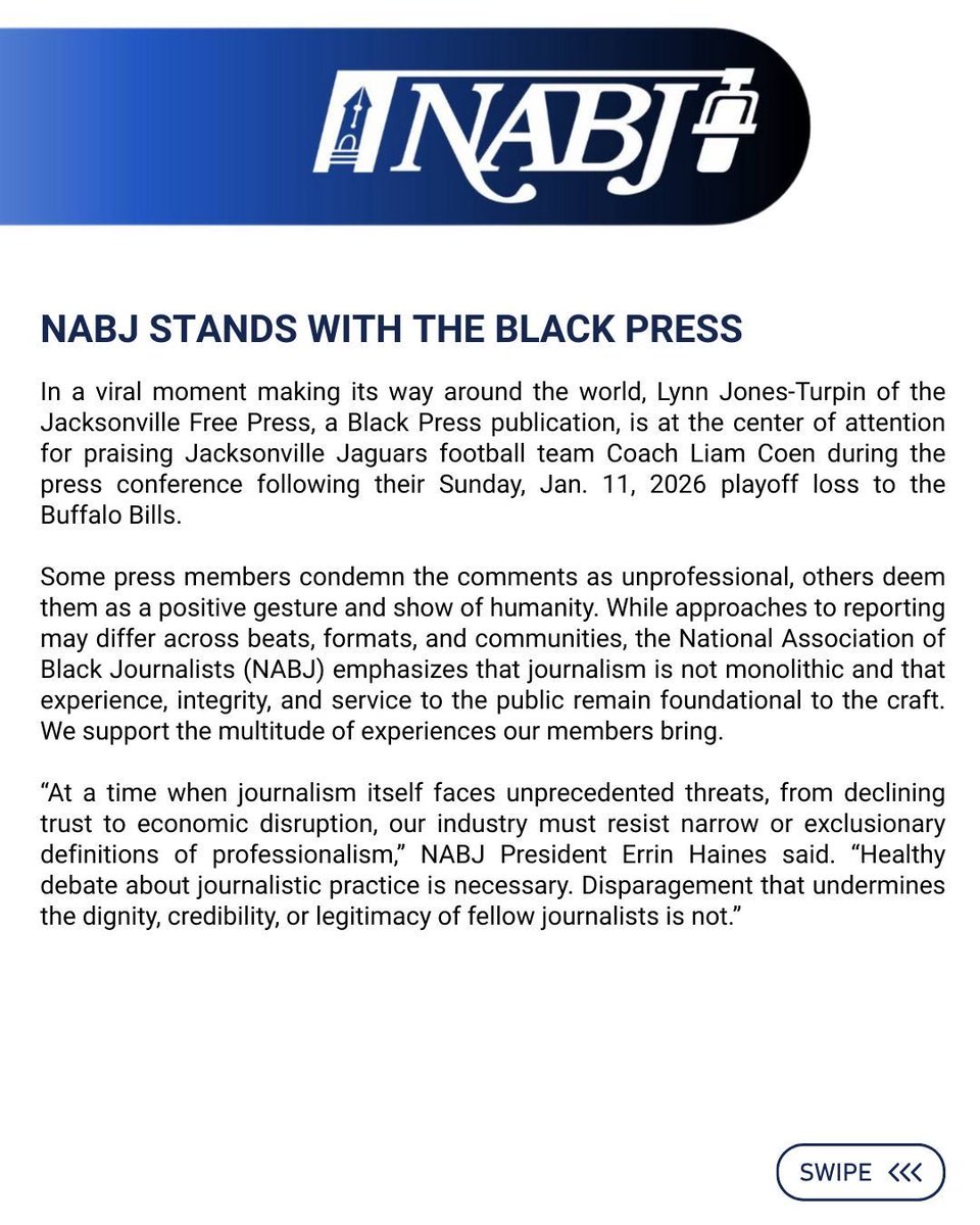 WABJDC's tweet image. The National Association of Black Journalists has released a statement about the viral moment with Lynn Jones-Turpin and the head coach of the Jacksonville Jaguars