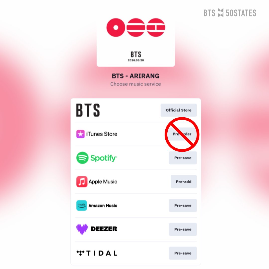 😍Pre-save links for #AIRIRANG are now available!  

⛔️DO not pre-order from iTunes at this time.⛔️
Please wait until the tracks are officially released.

🔗bts.lnk.to/ARIRANG

#BTS #방탄소년단 #bts_arirang
