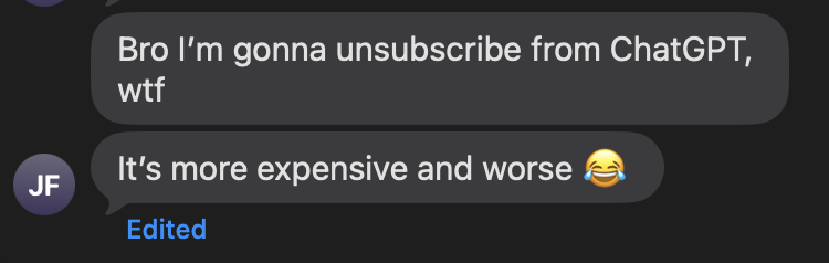 jsontsx's tweet photo. This is how you know you're building something people want.

When your friend cancels ChatGPT for yours. https://t.co/cR1onjfh66