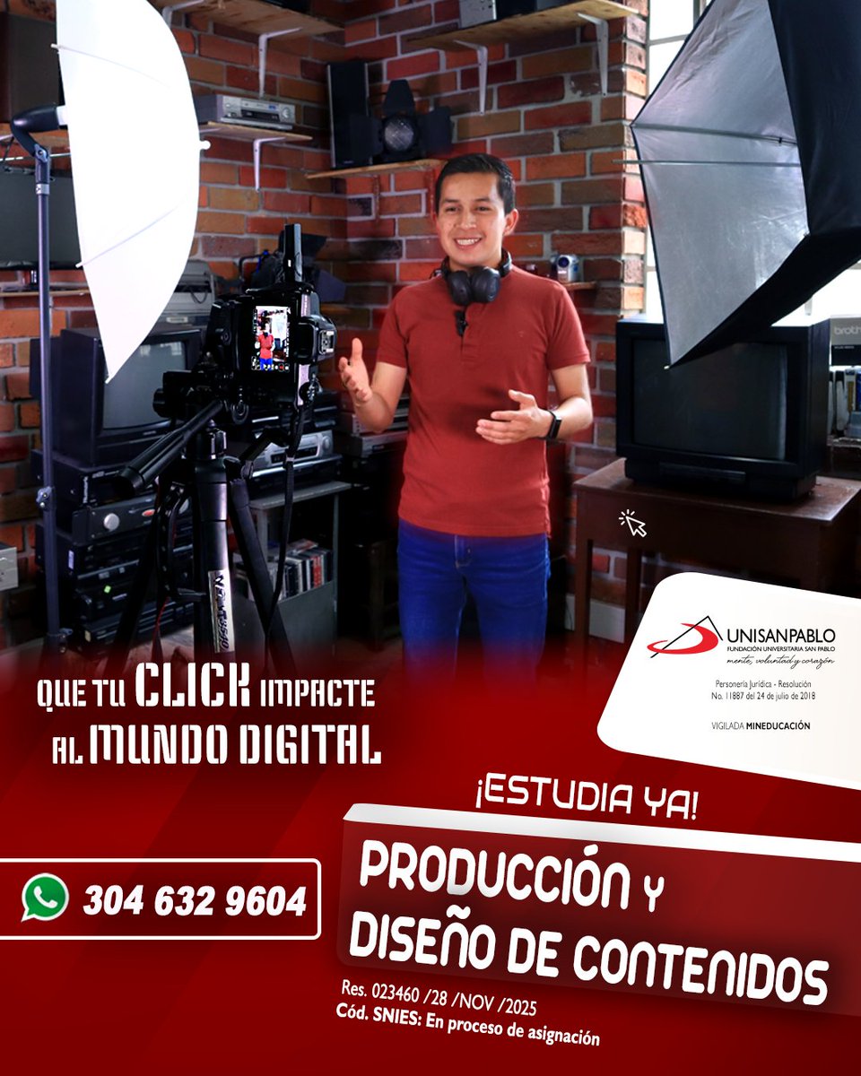 🎬 ¿Quieres ser un creador profesional? 🚀 Estudia en UNISANPABLO y domina la producción digital con nuestro nuevo estudio. No solo lo imagines, ¡hazlo realidad!

Inscripciones abiertas: wa.me/message/7WL3U5…

#UNISANPABLO #unipaulinos #nortebogota  #diseñocontenido