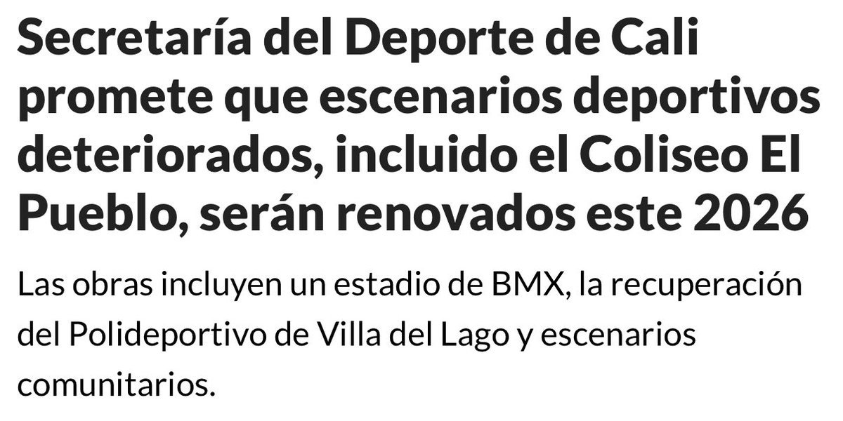 carlospatinoco's tweet photo. La intervención de escenarios deportivos anunciada para 2026, con recursos del empréstito, exige rigurosidad técnica y control institucional.

Desde nuestra curul en @Concejodecali tenemos como prioridad el seguimiento a:

- estudios y diseños previos
- cronogramas contractuales y hitos de obra
- indicadores de impacto social y uso real de la infraestructura

Y por supuesto a la priorización de escenarios clave como el Coliseo El Pueblo y los que abarcan comunas como la 13, 14, 15 y 21 que representan una herramienta social. 

El empréstito debe traducirse en infraestructura sostenible, funcional y con retorno social, no solo en anuncios. El control político es clave para garantizarlo.
@SecDeporteCali @AlcaldiaDeCali