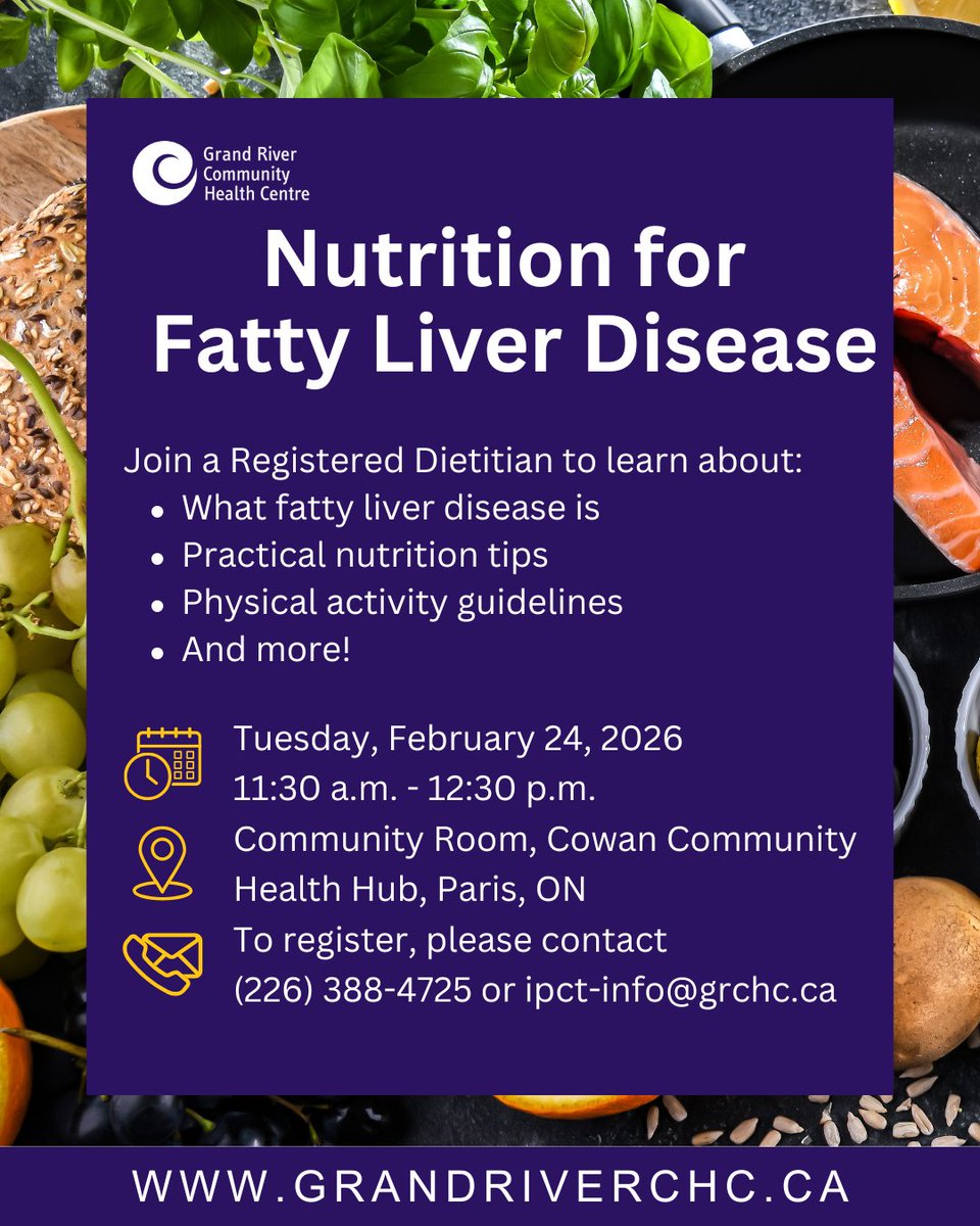 bbnoht's tweet photo. Nutrition for Fatty Liver Disease

Learn what fatty liver disease is, learn practical  nutrition tips, physical activity guidelines and more.

Happening Feb 24th from 11:30 to 12:30
Registration is required. Please contact GRCHC via the information in the flyer. https://t.co/kHOHA6sw2v