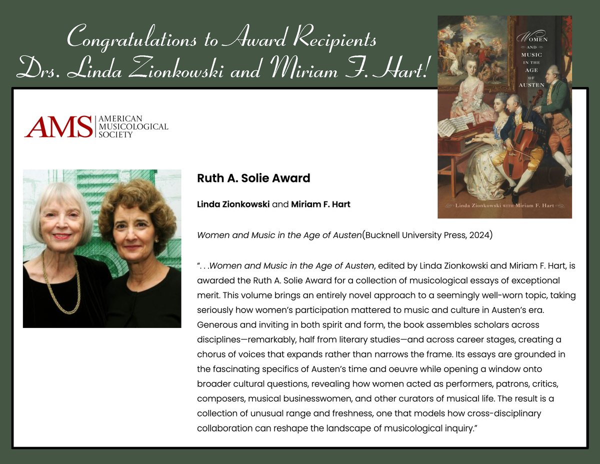 American Musicological Society's Ruth A. Solie Award: amsmusicology.org/2025-ams-award…

Linda Zionkowski and Miriam F. Hart

for Women and Music in the Age of Austen (Bucknell University Press, 2024)

<a href="/ohiou/">Ohio University</a> <a href="/OHIOartsandsci/">OHIO College of Arts and Sciences</a>