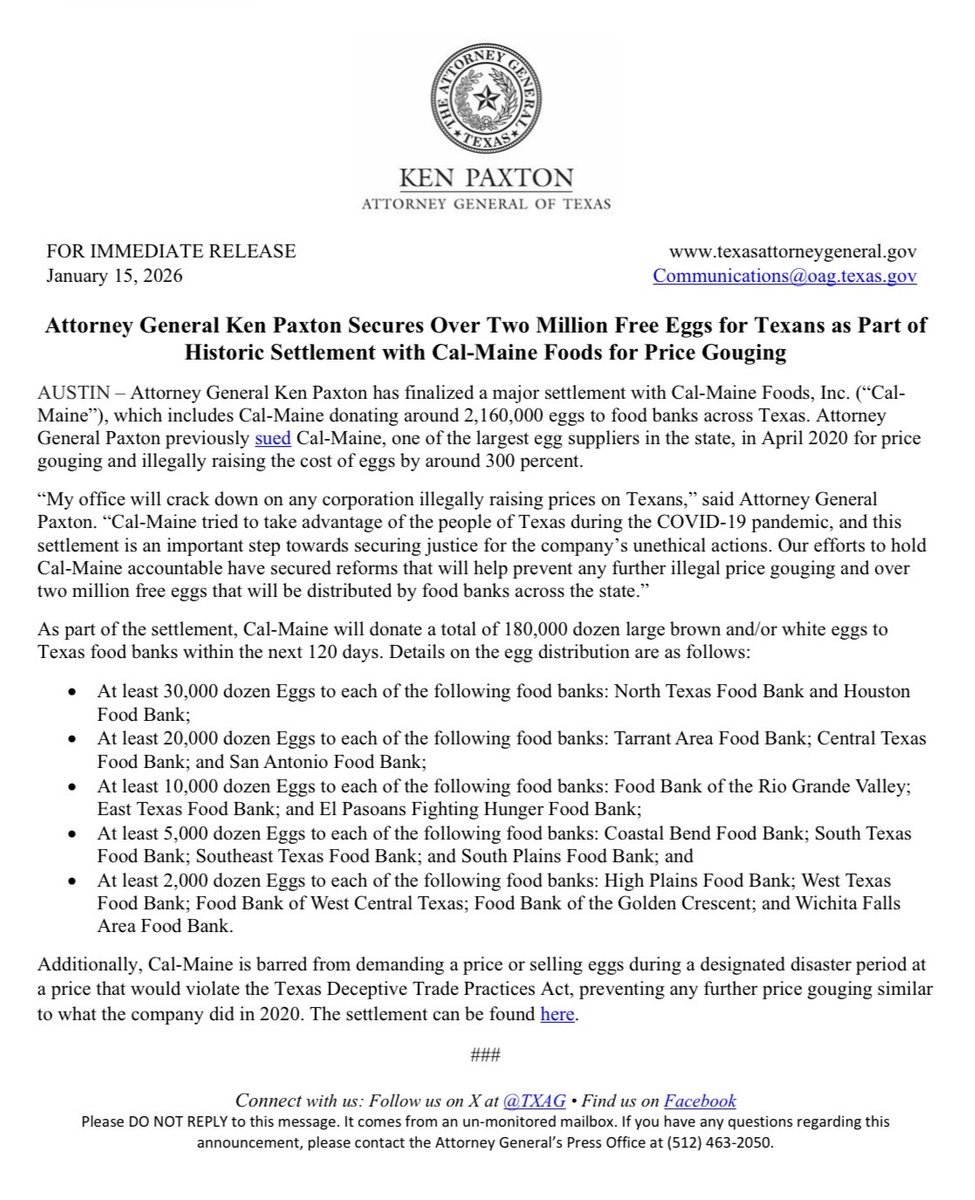 BREAKING: I secured over two million free eggs for Texans as part of a historic settlement with Cal-Maine Foods for price gouging.