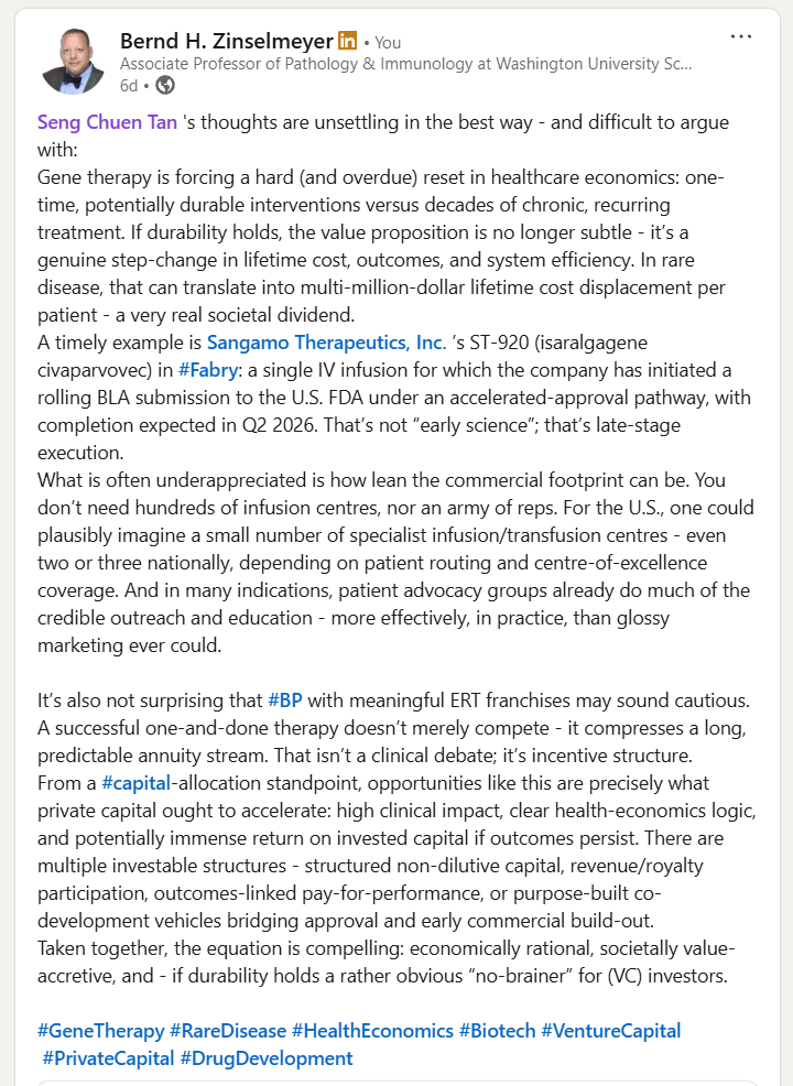 ZinselmeyerB's tweet photo. @mehtamanal @sandymacrae23 Thoughts/Speculation on @SangamoTx #Fabry deal/partnering:
My hunch is that a #VC partner is more likely than BP partner..
If anything $SGMO is “built” for #BP partnering, it’s #CNS #Capsid #MINT that still need clinical execution and $$$
https://t.co/1463EoWxPu https://t.co/DbDSuYbeI0