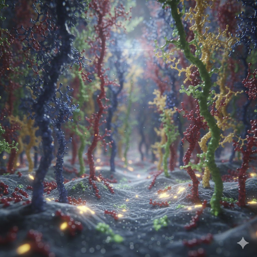 An AI generated image showing a dense forest of glycans on the surface of the cell.