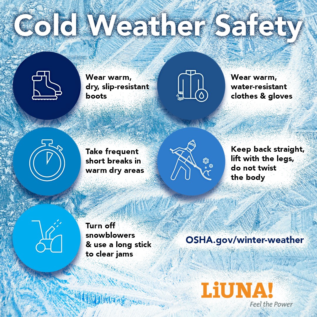 LIUNAmidwest's tweet photo. Winter weather presents outdoor hazards including slippery roads and surfaces, strong winds, and environmental cold. Check out these helpful cold weather safety tips from OSHA: https://t.co/snQ1vrQI3N
#WinterSafety #Winter #ColdStress #OSHA #LIUNA https://t.co/IrH9BHfTpy