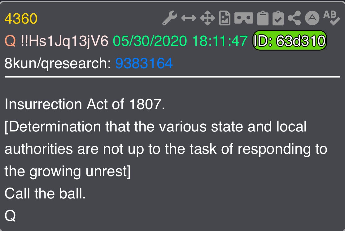 shadygrooove's tweet image. We knew this day would come.

Insurrection Act of 1807.
[Determination that the various state and local authorities are not up to the task of responding to the growing unrest]
Call the ball.
Q