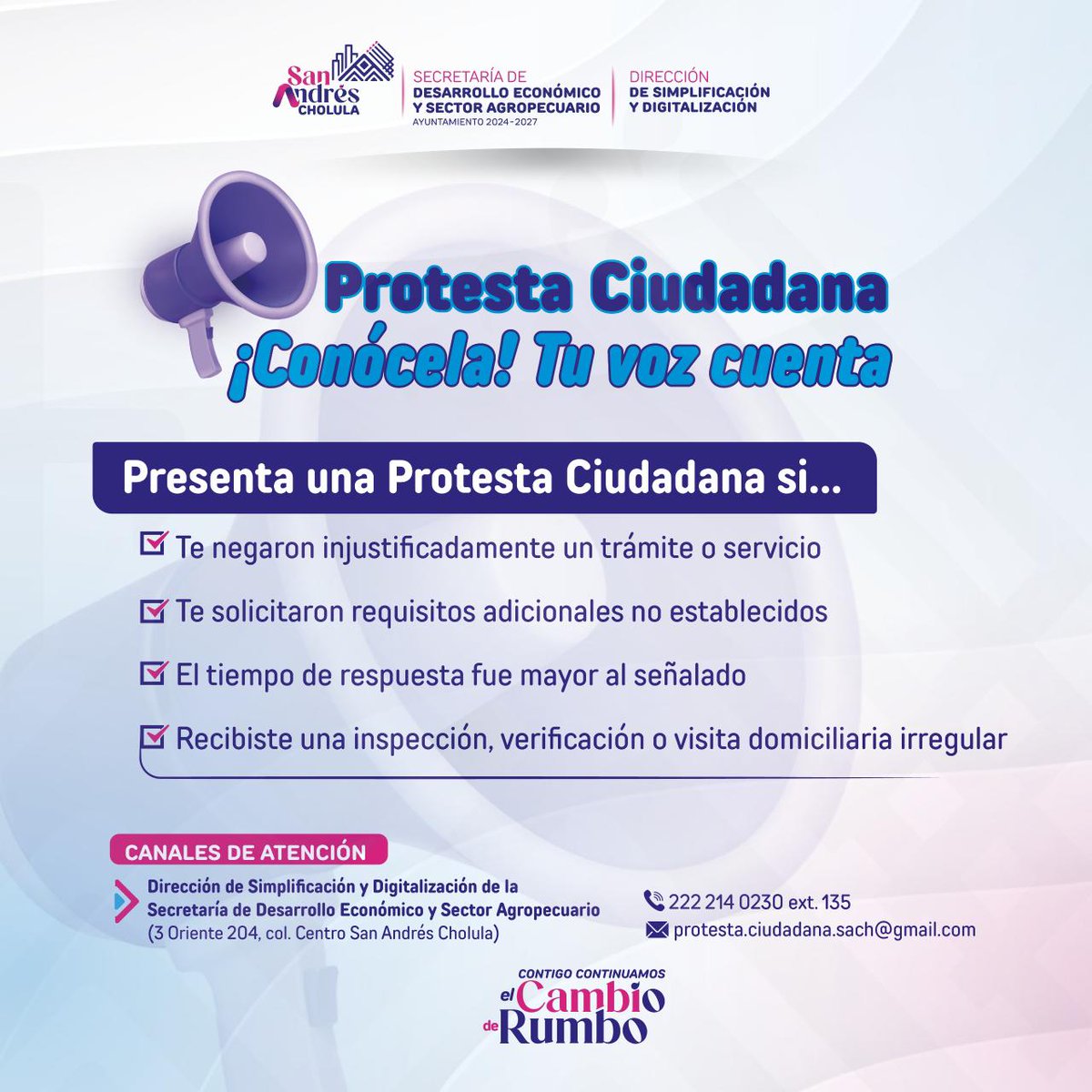 ¡Tu voz cuenta! 🤝
📢📄Recuerda que, a través de la Secretaría de Desarrollo Económico y Sector Agropecuario, puedes presentar una Protesta Ciudadana si se te negó un trámite o te solicitaron requisitos no establecidos.

☎️222 214 0230 ext. 135

#ContigoContinuamosElCambioDeRumbo