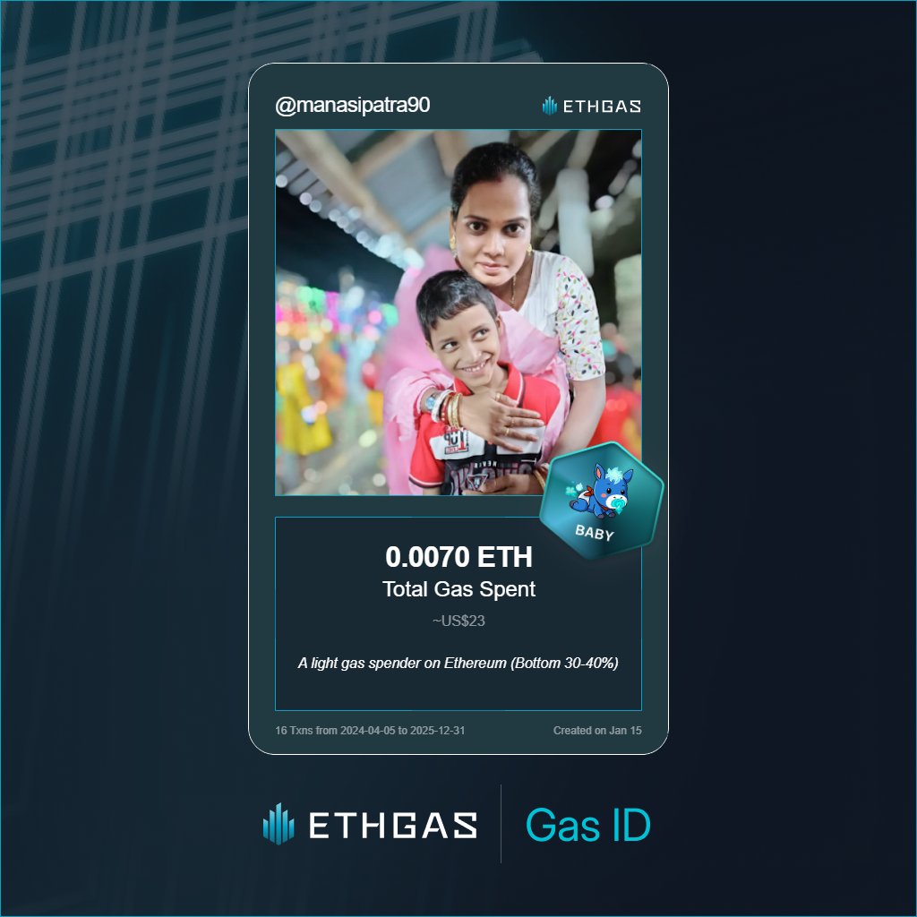 Leveled up in the Great Gas Reckoning with ETHGas! 💪

Baby Jack status: 0.007 ETH gas spent, 2 Beans earned—supporting the Gasless Future!

Claim your Gas ID at ethgas.com/community/gas-…