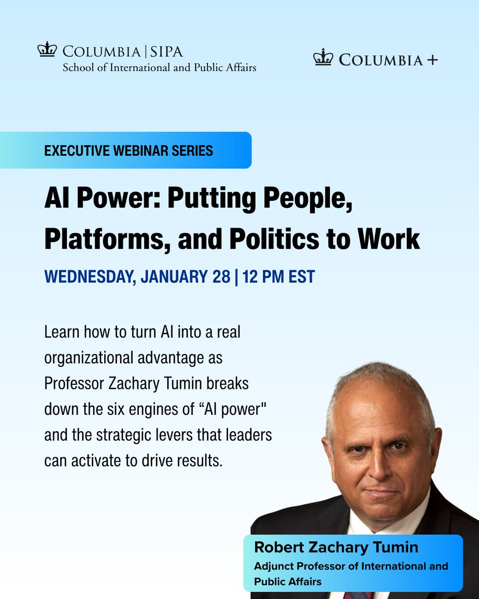 AI is changing influence within organizations. This webinar examines how leaders can see AI as a source of power that affects governance, strategy, and decision-making.  

Register free: columbiauniversity.zoom.us/meeting/regist…

<a href="/ColumbiaSIPA/">Columbia | SIPA</a>