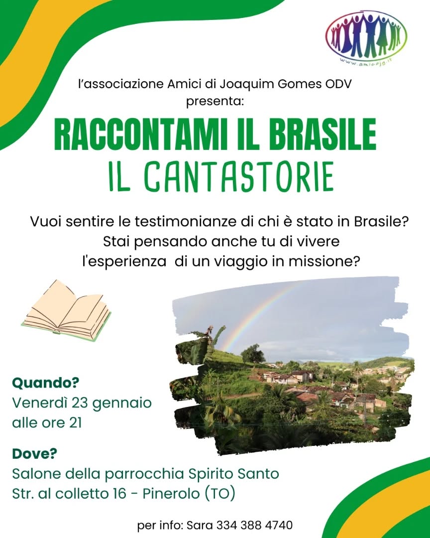 Prosegue il viaggio di racconto del #Brasile🇧🇷 a cura di #AmicidiJoaquimGomesODV!
Appuntamento per venerdì 23 gennaio alle ore 21 presso la Parrocchia Spirito Santo di Strada al Colletto 16 a #Pinerolo (TO).
#Eventi by xlestrade.org/eventi/