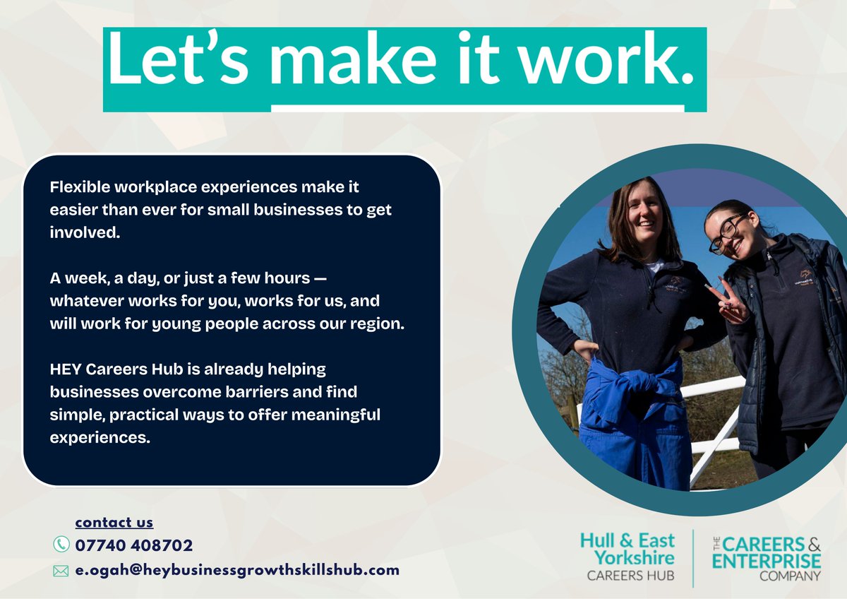 Flexible workplace experiences make it easier than ever for small businesses to get involved. A week, a day, or just a few hours - whatever works for you, works for us, and will work for young people across our region.

#LetsMakeItWork #Apprenticeships #WorkExperience #Careers