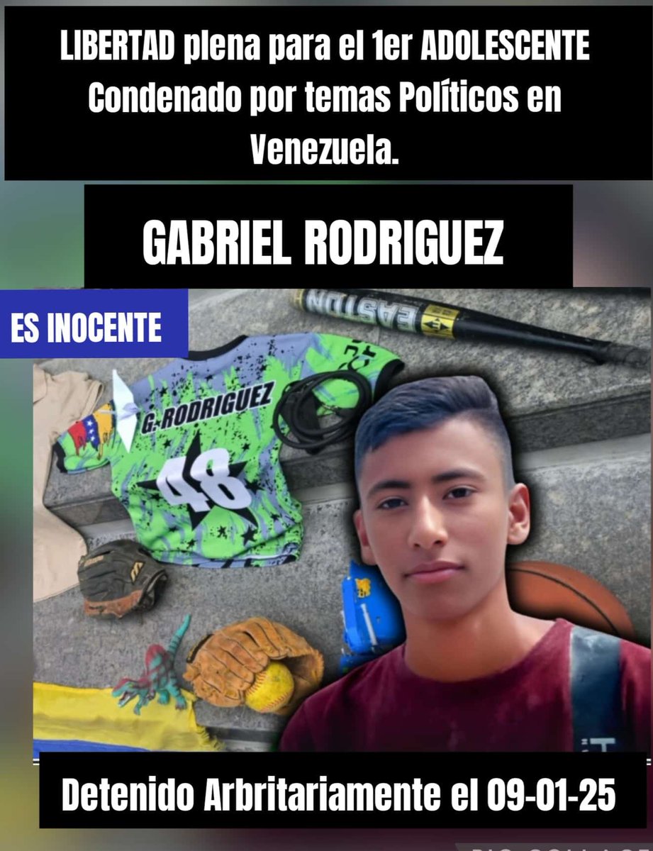 AlexisFRamosP's tweet image. #15Ene En Venezuela han sido excarcelados 102 #PresosPoliticos Pero hoy  solicitamos al Estado Vzlo, la excarcelación del adolescentes Gabriel Rodríguez detenido el pasado #09Ene2025 en Cabudare Edo Lara. El primer adolescente condenado por el delito de Terrorismo. Libertad!!