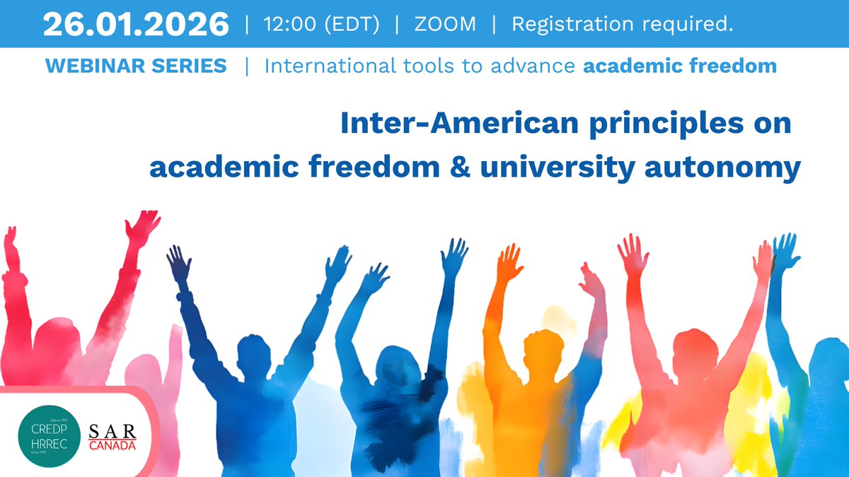 uOttawaHRREC's tweet photo. 🗓️JAN 26
🕛Noon
HRREC, SAR #uOttawa Program + SAR 🇨🇦 Section present this webinar as part of the @ScholarsAtRisk 25th anniversary celebrations!
Inter-American principles on #AcademicFreedom & #UniversityAutonomy
RSVP required➡️https://t.co/lIrtMytPA4 https://t.co/goXUT8yBzd