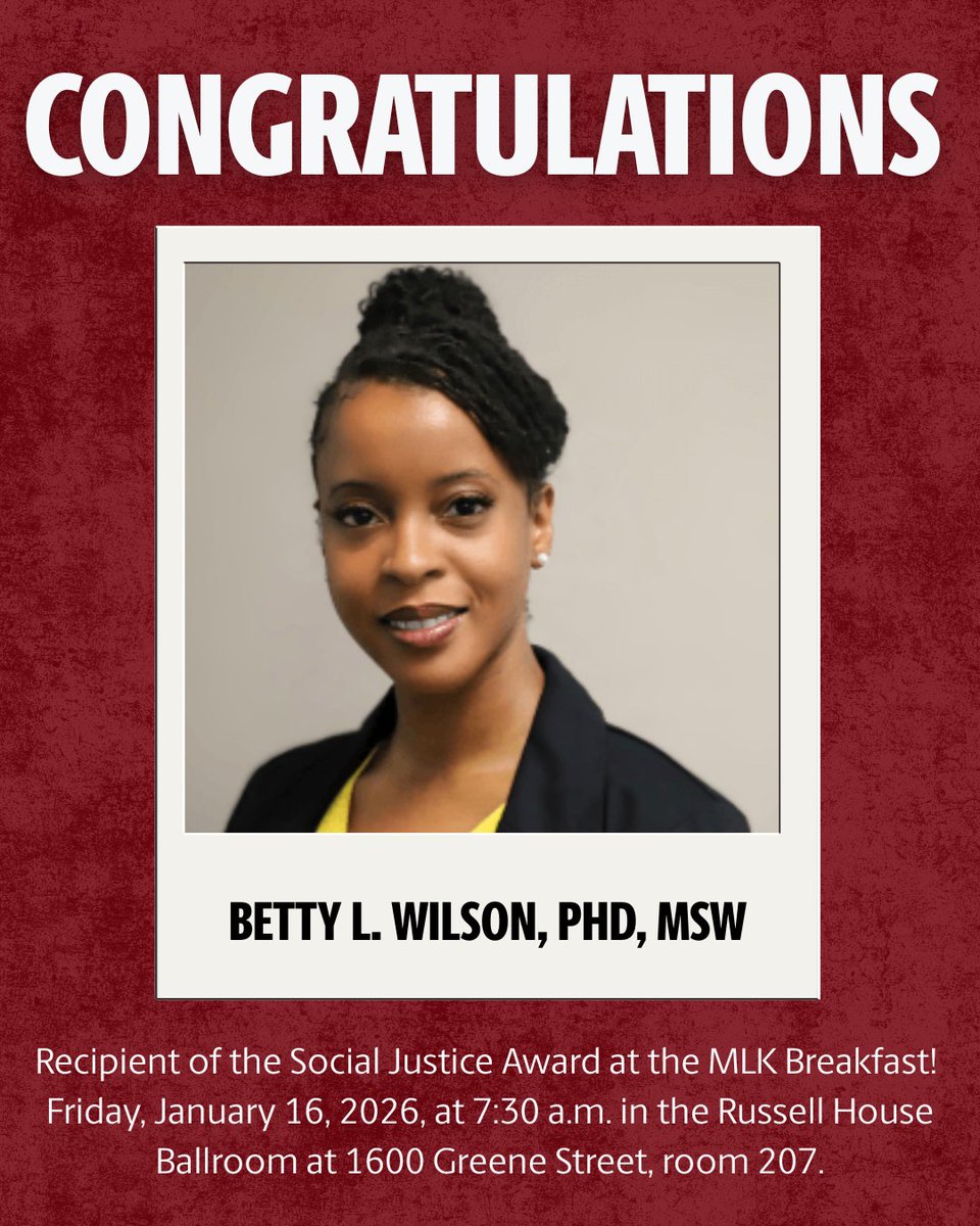 uofsccosw's tweet image. We're celebrating faculty member Betty Wilson’s recognition with the 2026 MLK Social Justice Award! 🙌Her work advancing thoughtful dialogue is making a real difference. Here's more on this outstanding @uofsc graduate and educator: bit.ly/3LDjYkT #changemaker